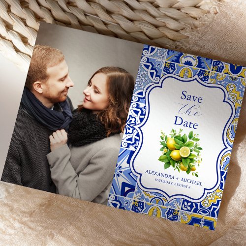 Photo Blue tiles Lemons Wedding Save The Date