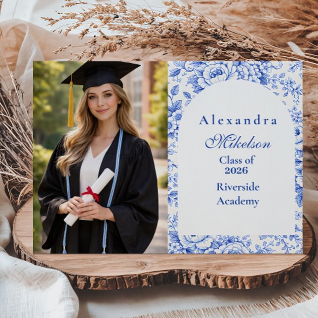 Photo Blue Toile Floral Graduation Party Announcement (Creator Uploaded)