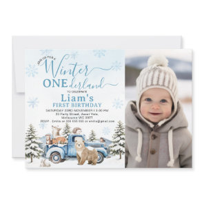 Photo Blue Truck Winter Onederland 1st Birthday Invitation