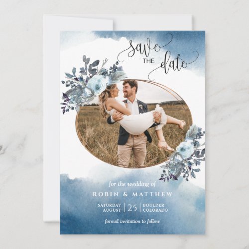 Photo  Blue Watercolor and Blue Foliage Save The Date