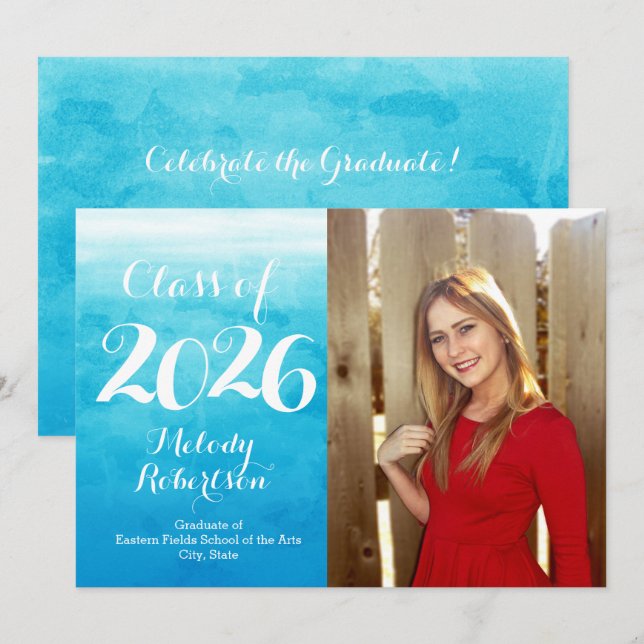 Photo Blue Watercolor Class of 2019 Graduation Invitation (Front/Back)