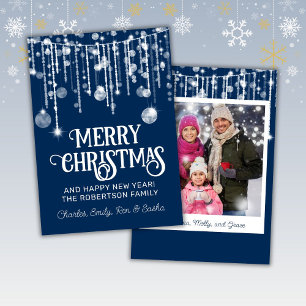 Photo Blue White String Lights Christmas Card