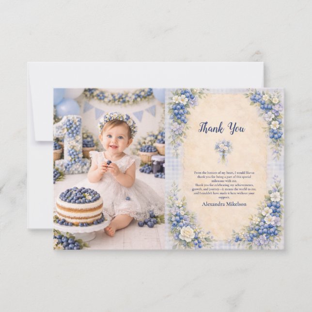 Photo Blueberry Floral Storybook 1st Birthday Thank You Card (Front)