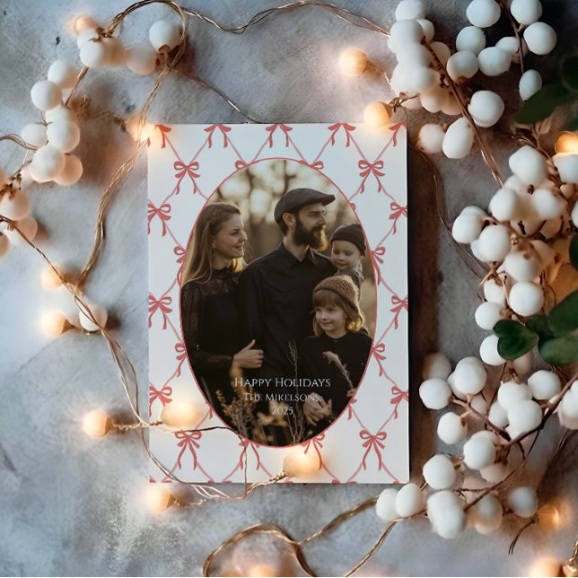 Photo Blush Bow Santa Christmas Holiday Card (Creator Uploaded)