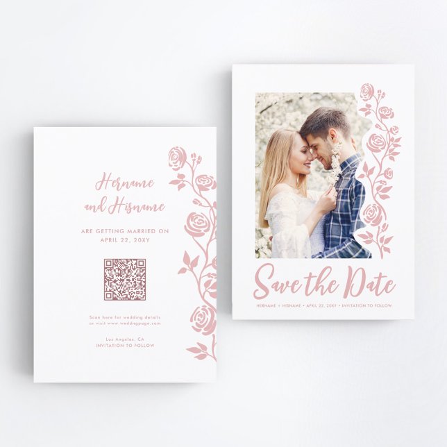 Photo Blush Hand Drawn Roses QR Code Website Save The Date (Creator Uploaded)