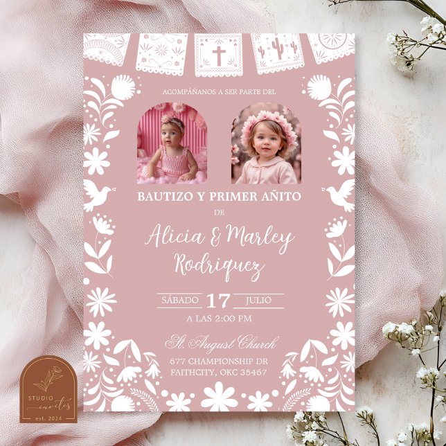 Photo Blush Pink Cielito Lindo Girl Twins Baptism Invitation (Creator Uploaded)