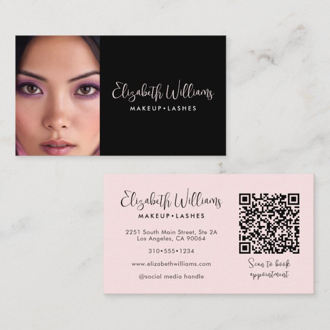 Photo Blush Pink Script Black QR Code Makeup Chic Business Card (Front/Back)