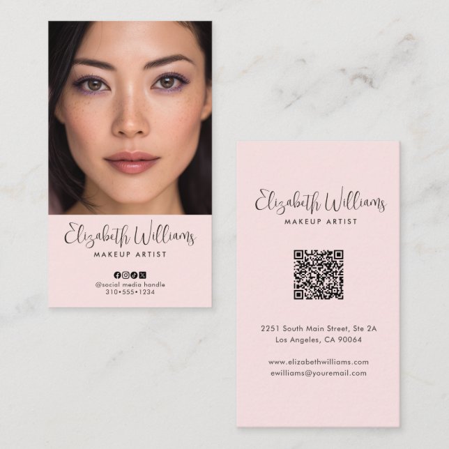 Photo Blush Pink Script Social Icon QR Code Makeup Business Card (Front/Back)
