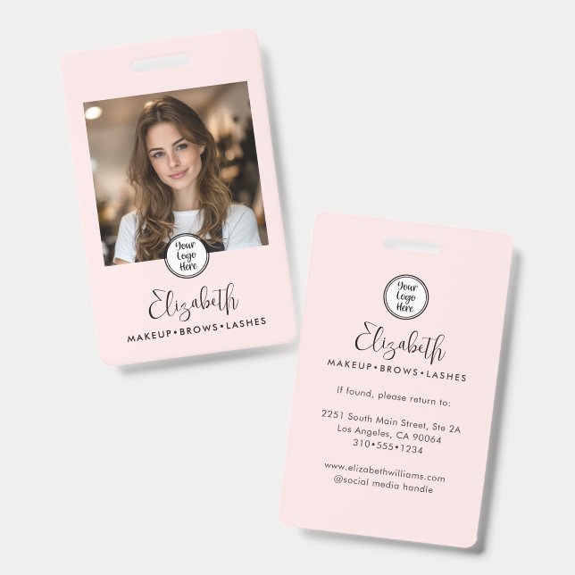 Photo Blush Pink Script Your Logo Here Makeup ID Badge (Front & Back)