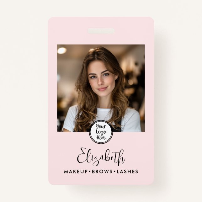 Photo Blush Pink Script Your Logo Here Makeup ID Badge (Front)