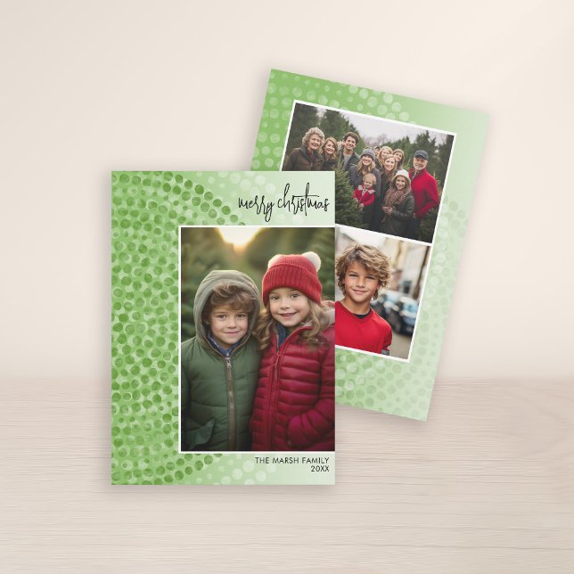 Photo - Bohemian Dot Circle - Green Funky Holiday Card (3 Photo Christmas Card with Boho Watercolor Pattern - Print and Download Option)