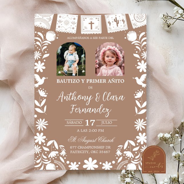 Photo Boho Brown Cielito Lindo Twins Baptis Invitation (Creator Uploaded)