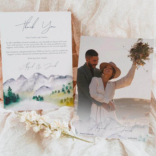 Photo boho Colorado mountain destination wedding Thank You Card