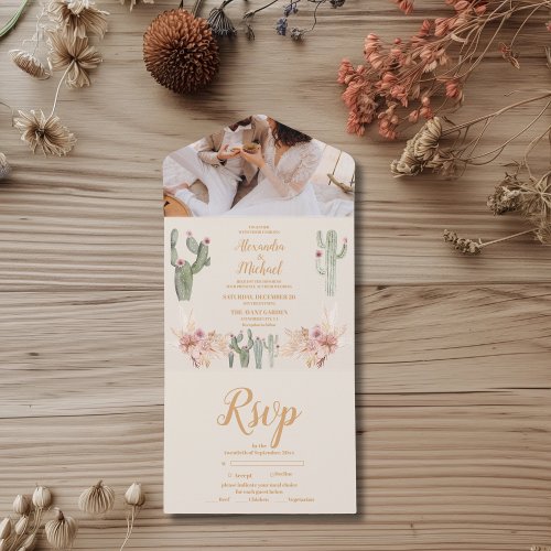 Photo Boho Desert Cactus Wedding All In One Invitation