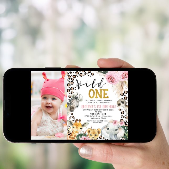 Photo Boho Floral Safari Wild One 1st Birthday Invitation (Front Digital)