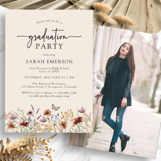 Photo Boho Graduation Party Invitation (Photo Boho Wildfloer Graduation Party Invitation with Butterfly by Painted Paperie
)