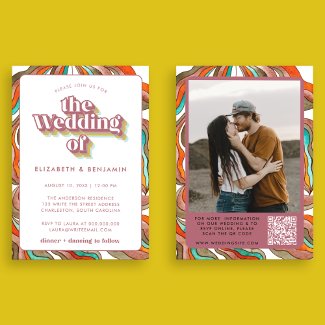 Photo Boho Groovy Retro QR Code Pink Wavy Wedding