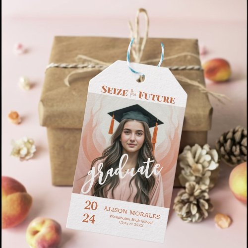 Photo Boho Peach Fuzz Seize the Future Graduation  Gift Tags