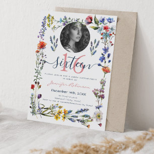 PHOTO Boho Pressed Wildflowers Sweet 16 Birthday Invitation