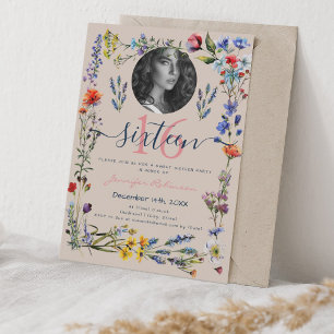 PHOTO Boho Pressed Wildflowers Sweet 16 Champagne Invitation