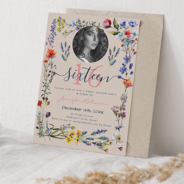 PHOTO Boho Pressed Wildflowers Sweet 16 Champagne  Invitation (PHOTO Boho Pressed Wildflowers Sweet 16 Champagne Invitation)