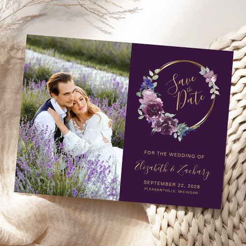Photo Boho Purple Floral Gold Blank Save the Date Postcard
