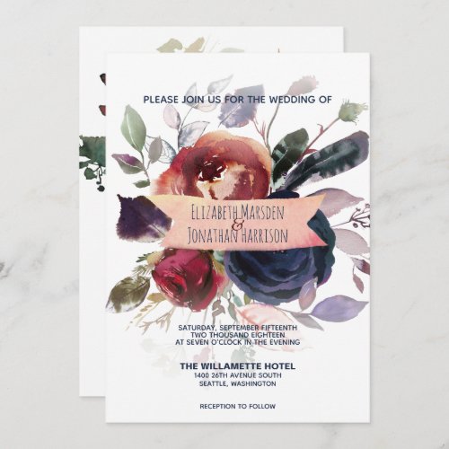 Photo Boho Rose Gold Burgundy Navy Floral Wedding Invitation