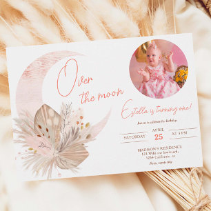 Photo boho rustic pampas floral moon 1st birthday invitation