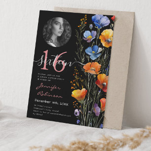 PHOTO Boho Watercolor Wildflowers Sweet 16 Black Invitation