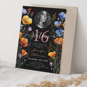 PHOTO Boho Watercolor Wildflowers Sweet 16 Black Invitation