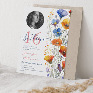 PHOTO Boho Watercolor Wildflowers Sweet 16 Party Invitation