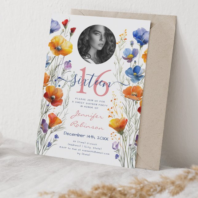 PHOTO Boho Watercolor Wildflowers Sweet 16 Party Invitation (PHOTO Boho Watercolor Wildflowers Sweet 16 Party Invitation)