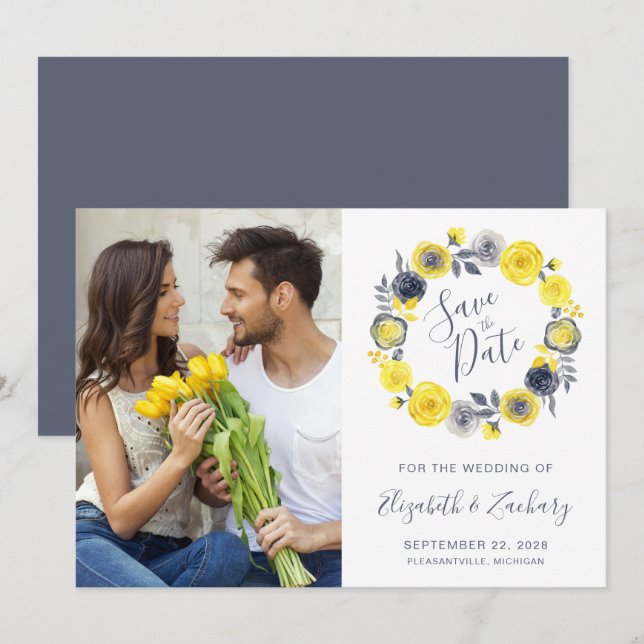 Photo Boho Yellow Gray Floral Wreath Save the Date Invitation (Front/Back)