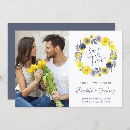 Photo Boho Yellow Gray Floral Wreath Save the Date Invitation