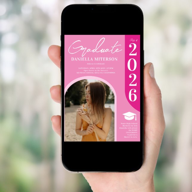 Photo bold 2025 arch hot retro pink graduation invitation (Front Digital)