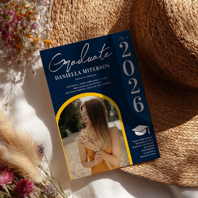 Photo bold 2026 arch dark blue graduation invitation (Photo bold 2026 arch dark blue graduation invitation)