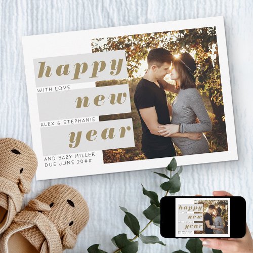 Photo Bold Block Text Overlap New Year Pregnancy Announcement
