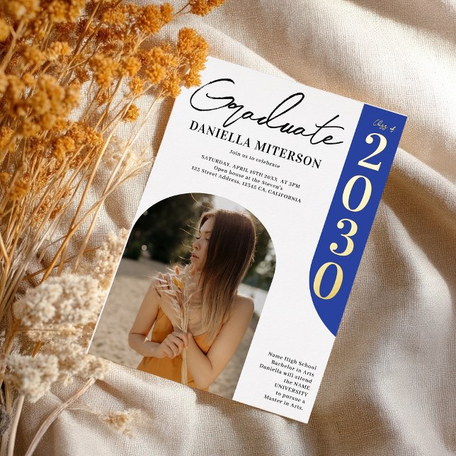 Photo bold gold arch royal blue graduation foil invitation (Photo bold gold arch royal blue graduation foil invitation)