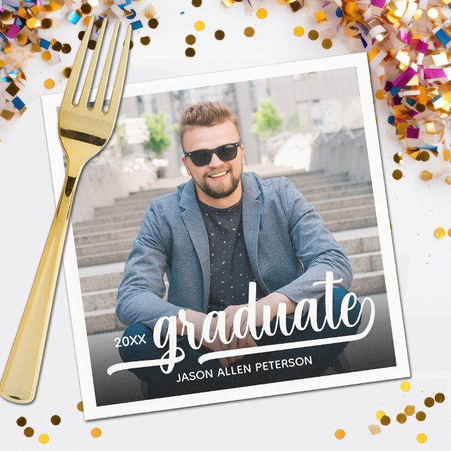 Photo Bold Graduate Script Graduation Party Napkins (Your photo, name, class year and "Graduate" in a cool script graduation party napkins)