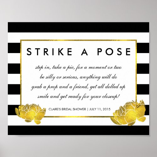 Photo Booth Poster Sign Black Stripe  Gold Peony