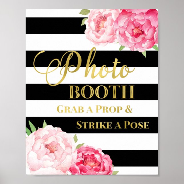 Photo Booth Sign Pink Floral Gold Black Stripes (Front)