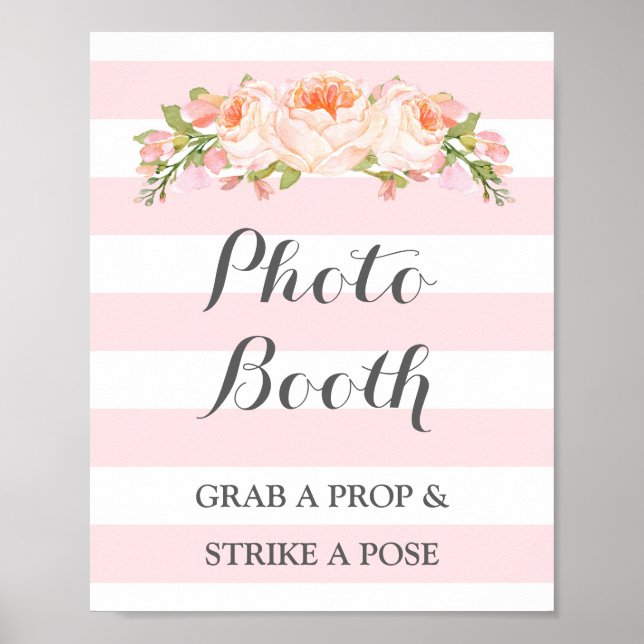 Photo Booth Wedding Sign Pink Flowers Stripes (Front)