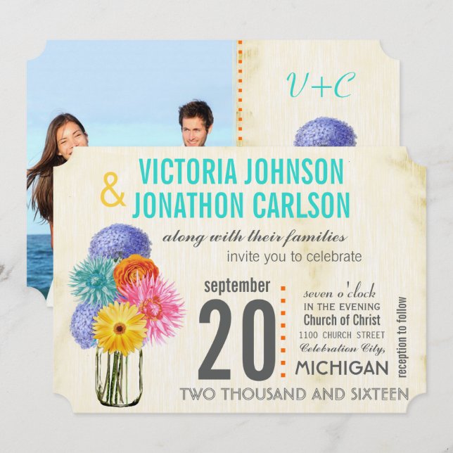 Photo Bouquet in a Mason Jar Wedding Invitations (Front/Back)