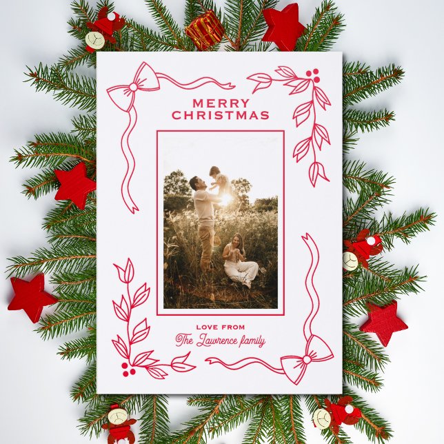 Photo Bow Berries Foliage Merry Christmas Letterpress Photo Cards (Creator Uploaded)