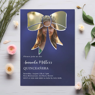 Photo bow navy blue Quinceanera Invitation