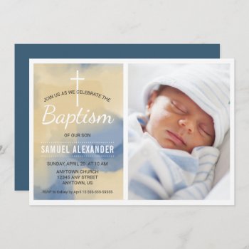 Photo Boy Baptism  Watercolor Blue And Gold Invitation by daisylin712 at Zazzle