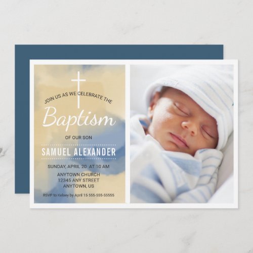 Photo Boy Baptism Watercolor Blue and Gold Invitation