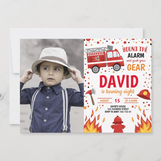 Photo Boy Birthday Firefighter Invitation Fireman (Front)