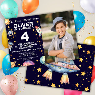 Photo Boy Modern Space Rocket Ship Birthday Party Invitation