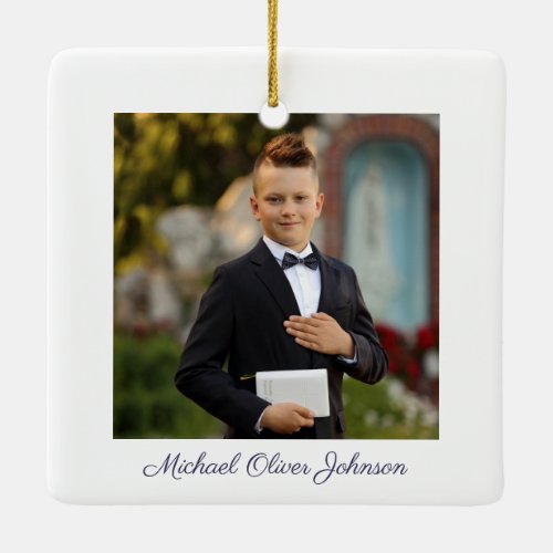 Photo Boy Religious Cross Blue First Communion Ceramic Ornament